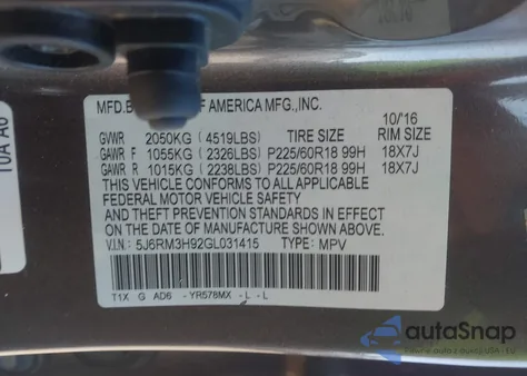 2016 Honda Cr-V Touring z USA, uszkodzony, nr VIN 5J6RM3H92GL031415